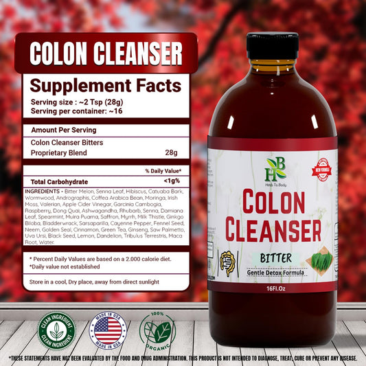 Herb To Body Colon Cleanser Bitter bottle with ingredients emphasizes gentle digestive balance.