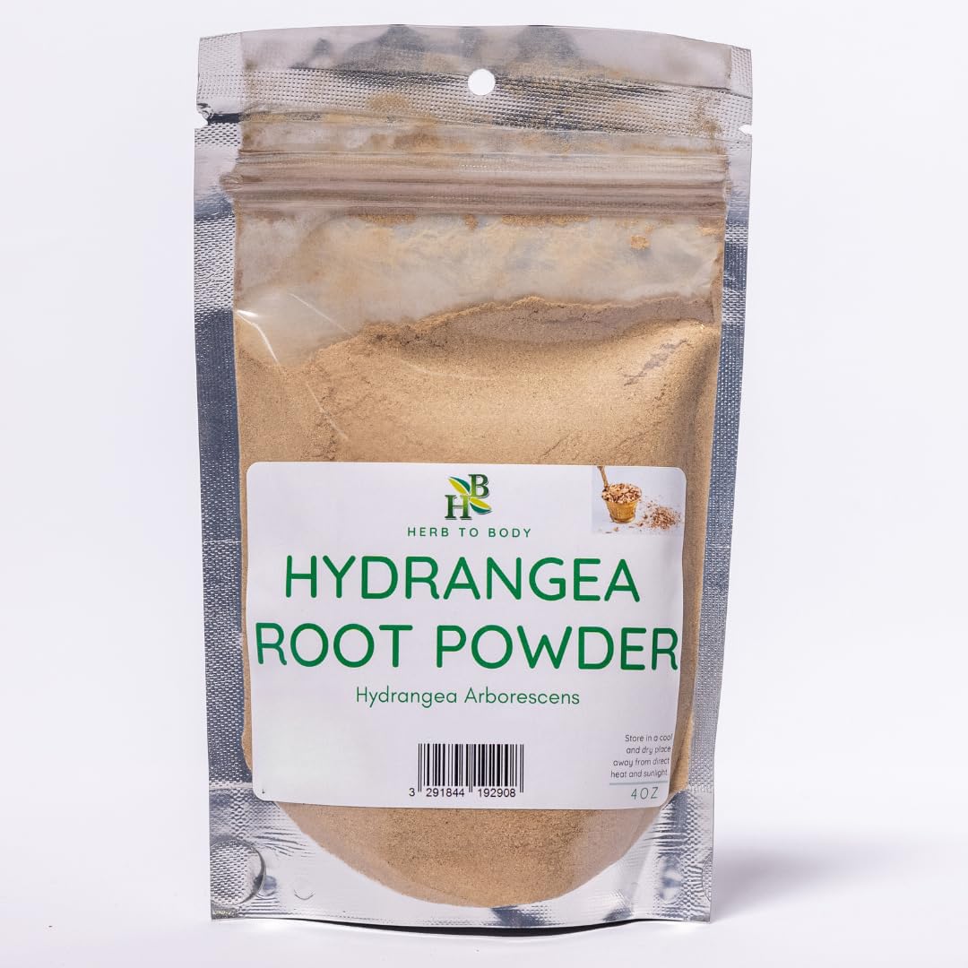 Herb To Body Hydrangea root powder bottle shows earthy texture ideal for herbal blends.
