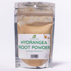 Herb To Body Hydrangea root powder bottle shows earthy texture ideal for herbal blends.