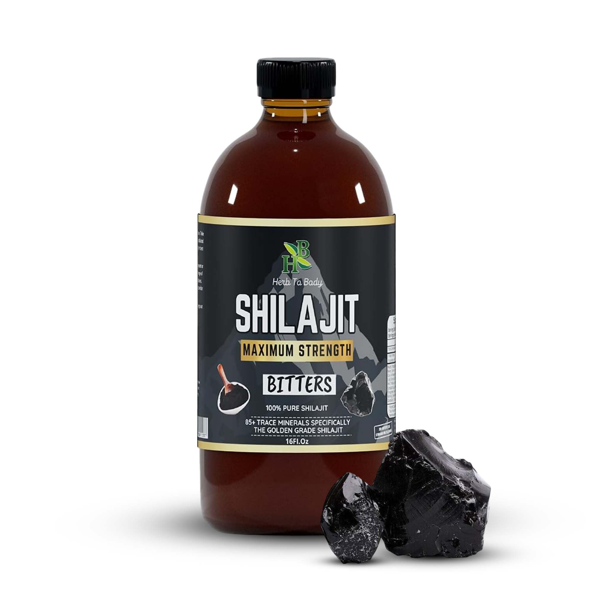 Herb To Body Pure Shilajit Bitter bottle front promotes daily vitality with gold-grade formula