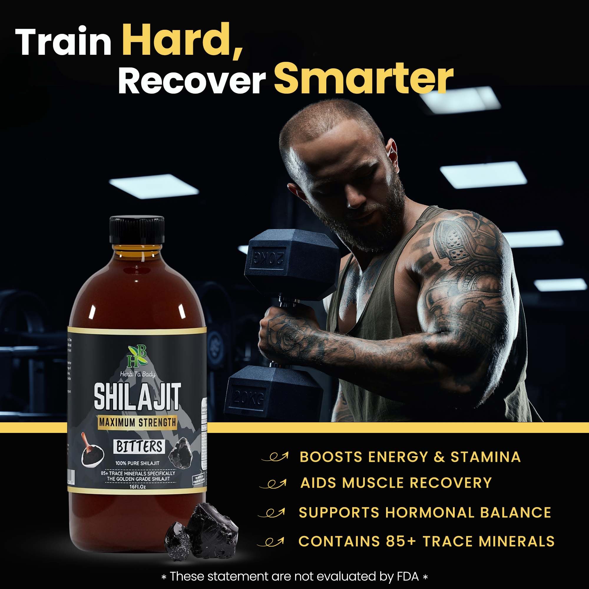 Herb To Body Shilajit Bitter bottle label closeup shows pure, additive-free formulation