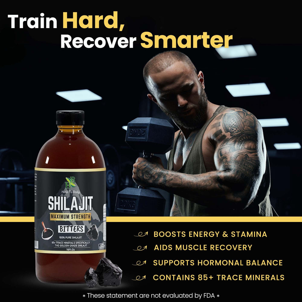 Herb To Body Shilajit Bitter bottle label closeup shows pure, additive-free formulation
