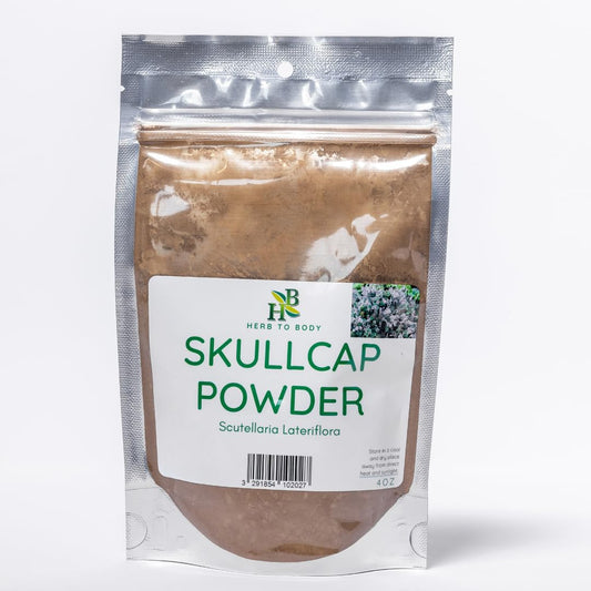 Herb To Body Skullcap Powder packaging in a resealable pouch for easy storage.