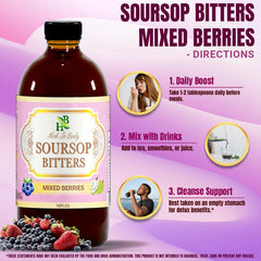 Herb To Body Soursop bottle on counter with label showing natural flavors