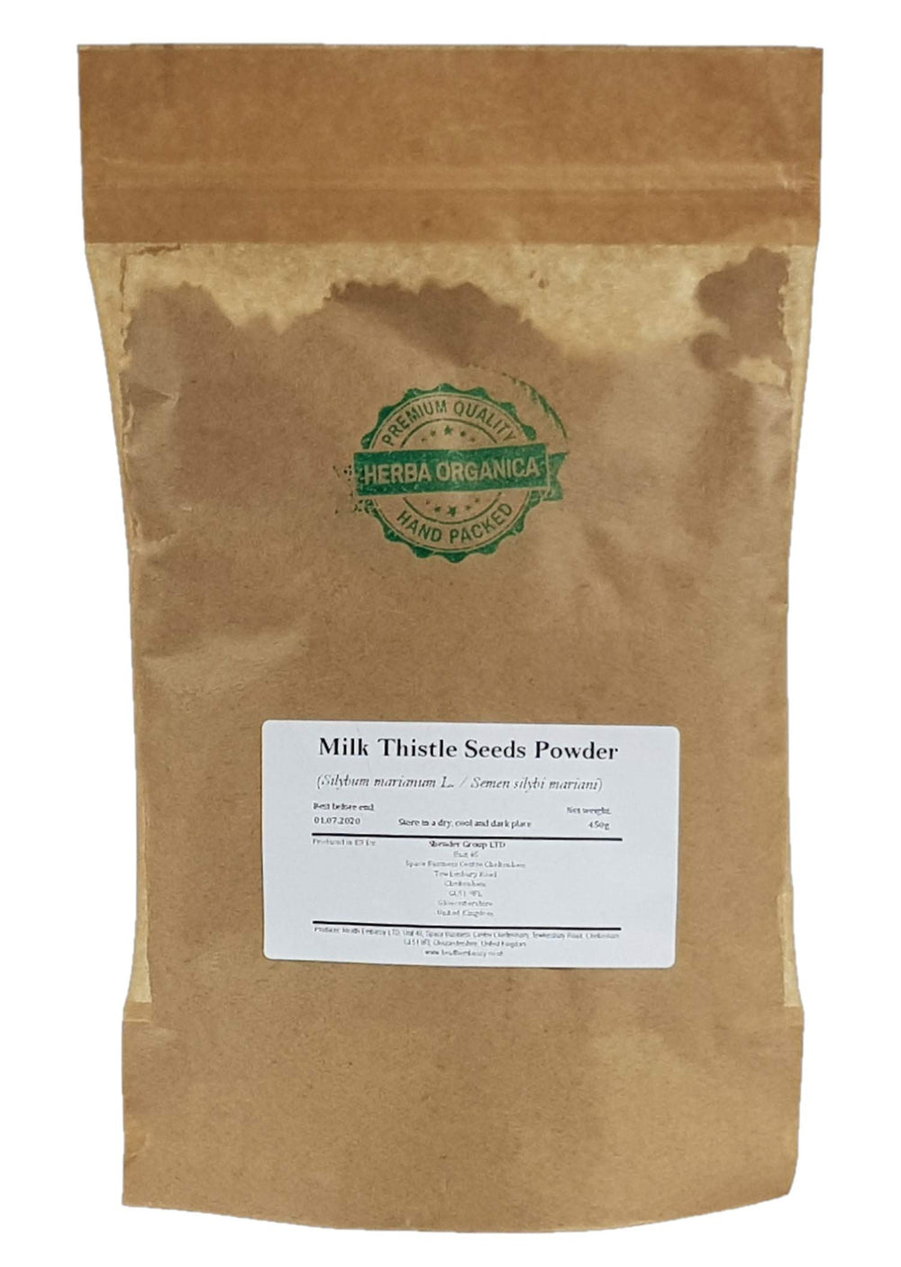 Herba Organica milk thistle powder bottle with pure, additive-free contents for daily use.
