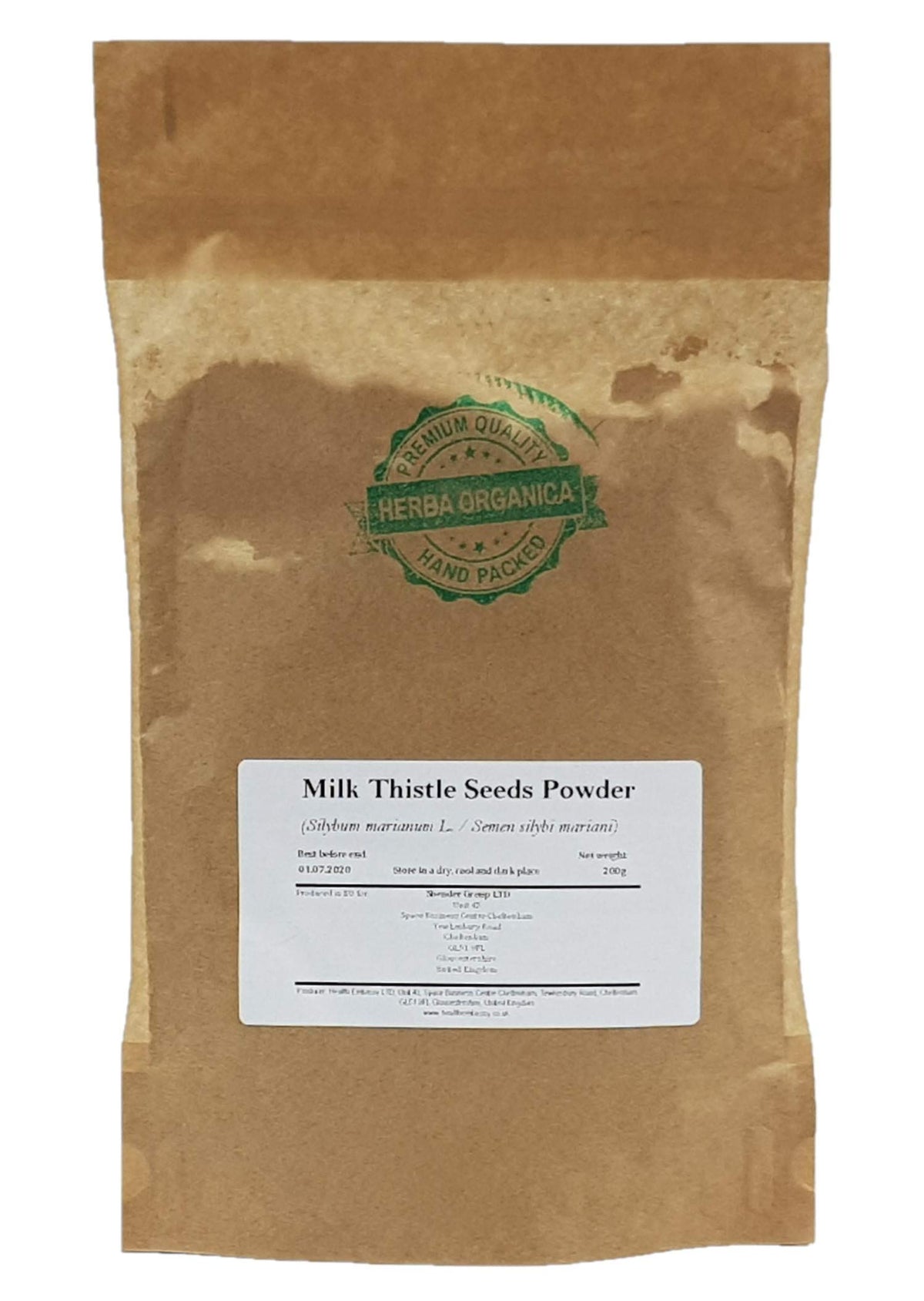 Herba Organica Milk Thistle Seeds Powder packaging front highlights eco-friendly design and freshness.