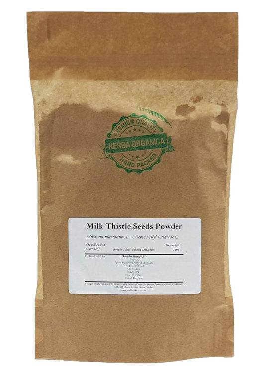 Herba Organica Milk Thistle Seeds Powder packaging front highlights eco-friendly design and freshness.