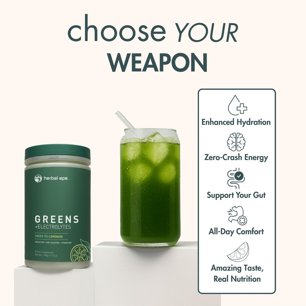 Herbal Ape greens powder being poured into a glass for hydration.