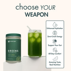 Herbal Ape greens powder being poured into a glass for hydration.