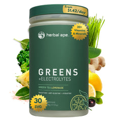 Herbal Ape Daily Greens powder tub for all-in-one daily nutrition.