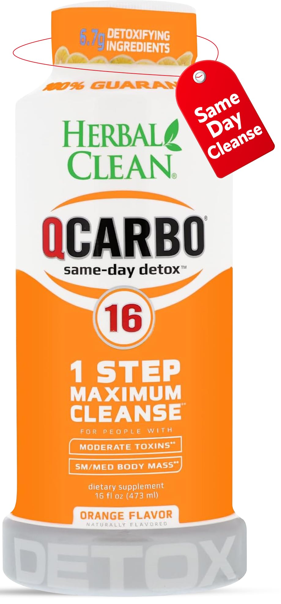 Herbal Clean Qcarbo16 orange bottle pour shows quick detox support for a busy day