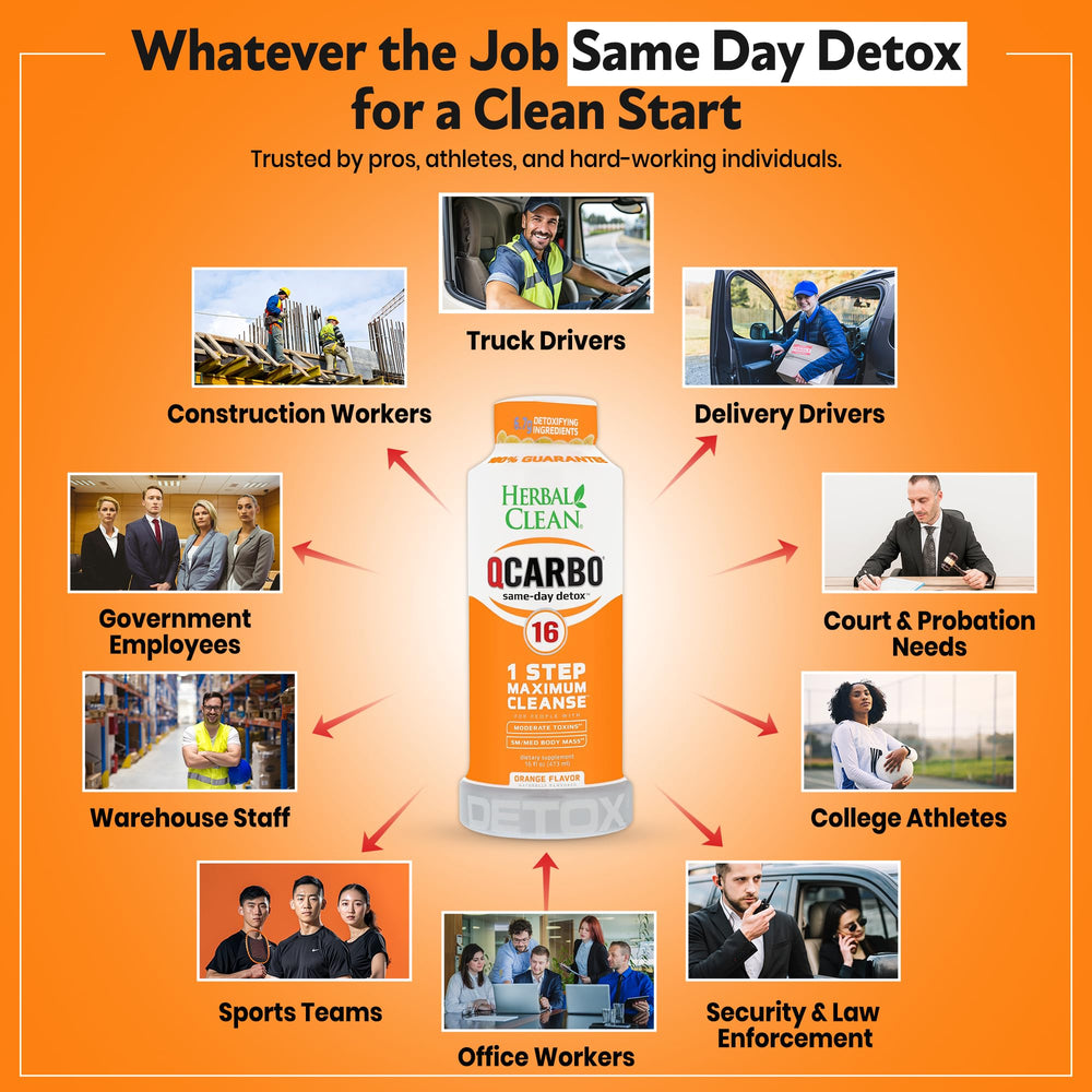 Herbal Clean Qcarbo16 orange bottle splash highlights a refreshing detox experience