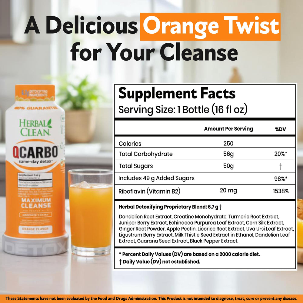 Herbal Clean Qcarbo16 orange label front with key ingredients and 16 fl oz format