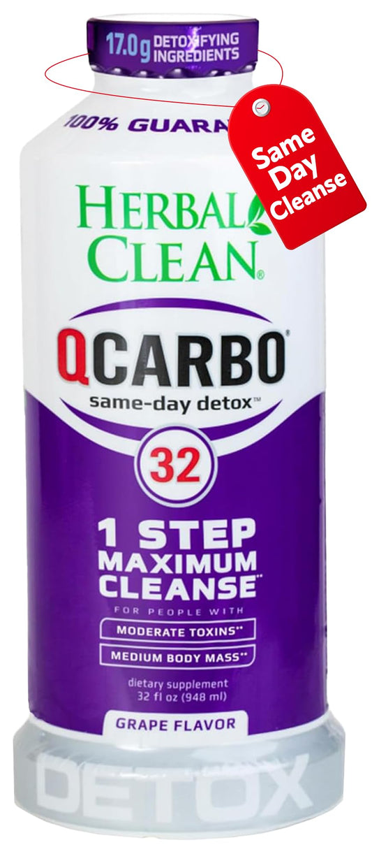 Herbal Clean Qcarbo32 bottle in grape flavor ready for a quick detox routine.