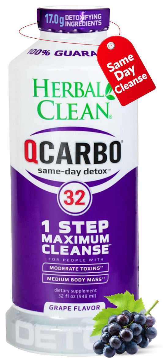 Herbal Clean Qcarbo32 grape bottle for quick detox routine.