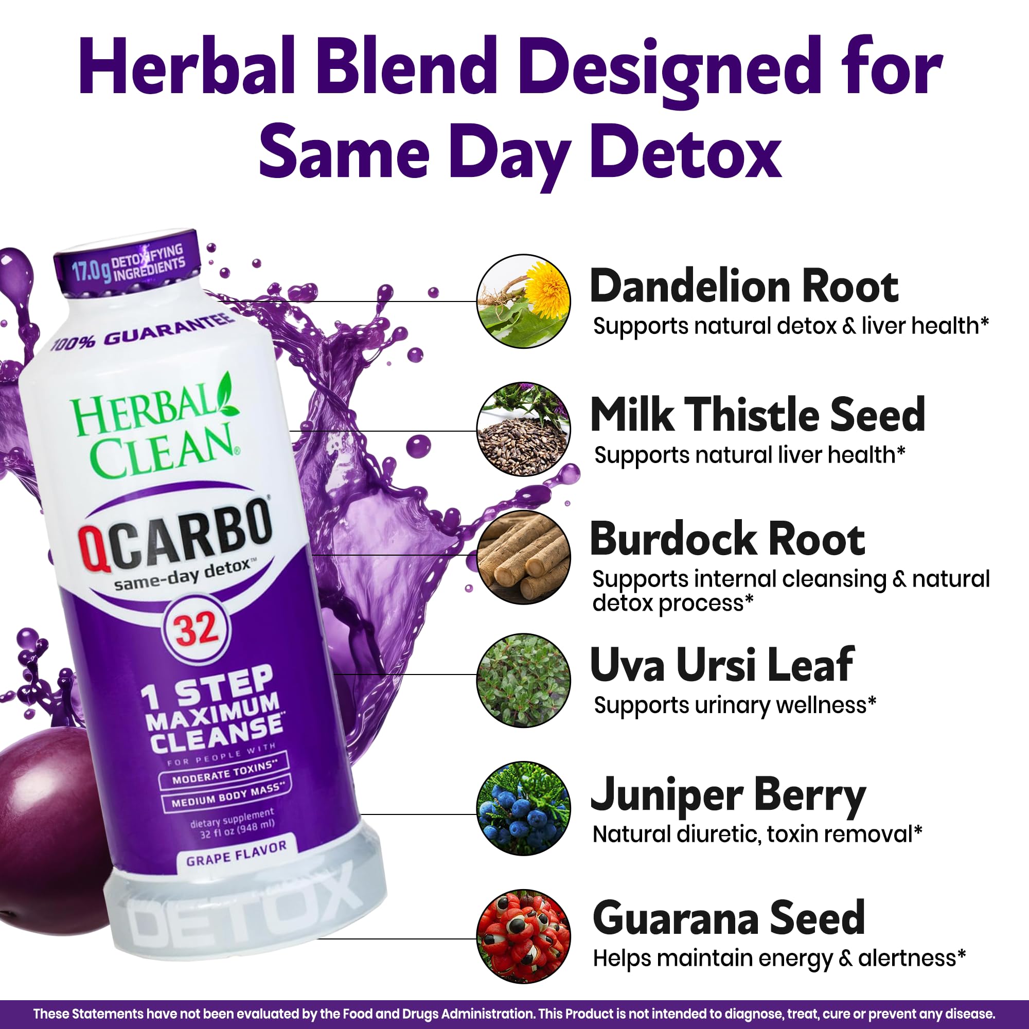 Herbal Clean Qcarbo32 label close-up showing B-vitamins and herbal blend.