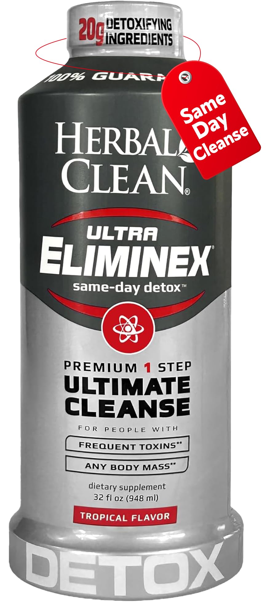 Herbal Clean same day ultra eliminex bottle tropical pour showing refreshing detox option