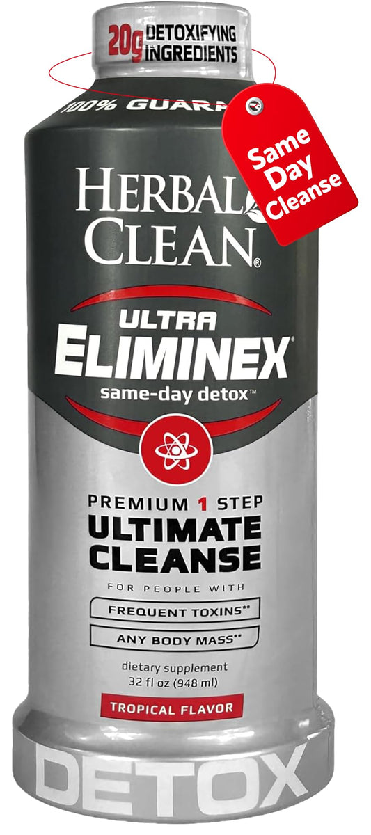 Herbal Clean same day ultra eliminex bottle tropical pour showing refreshing detox option