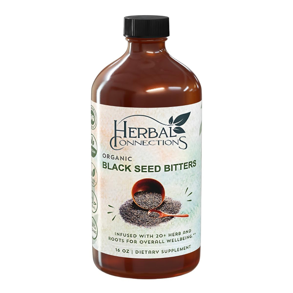 Herbal Connections Black Seed Bitters bottle shows a vibrant daily vitality blend.