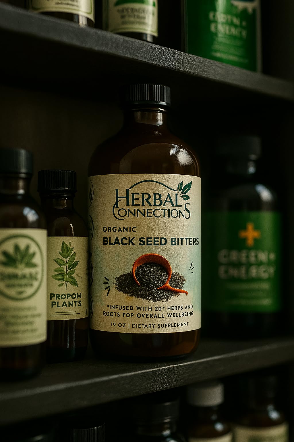Herbal Connections glass with bitters conveys premium wellness presentation.