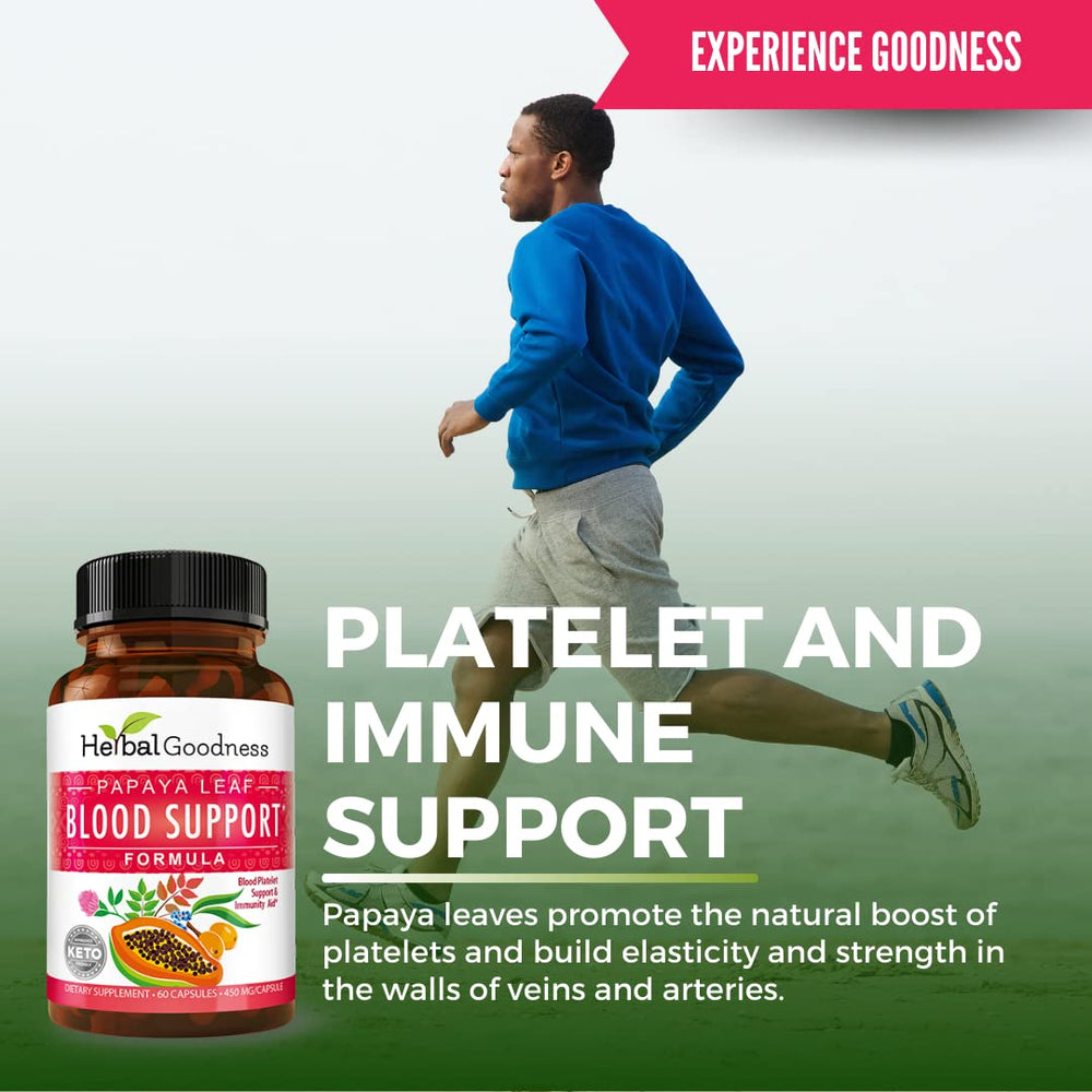 Herbal Goodness 700mg papaya leaf extract bottle highlights potent natural blood support.