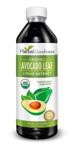 Herbal Goodness avocado leaf extract bottle highlighting vitamin content and immune support potential.