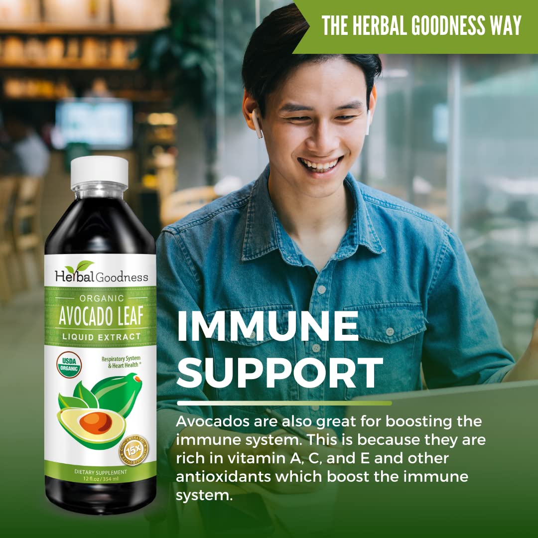 Herbal Goodness avocado leaf label detail emphasizes plant-based nutrients and usage.