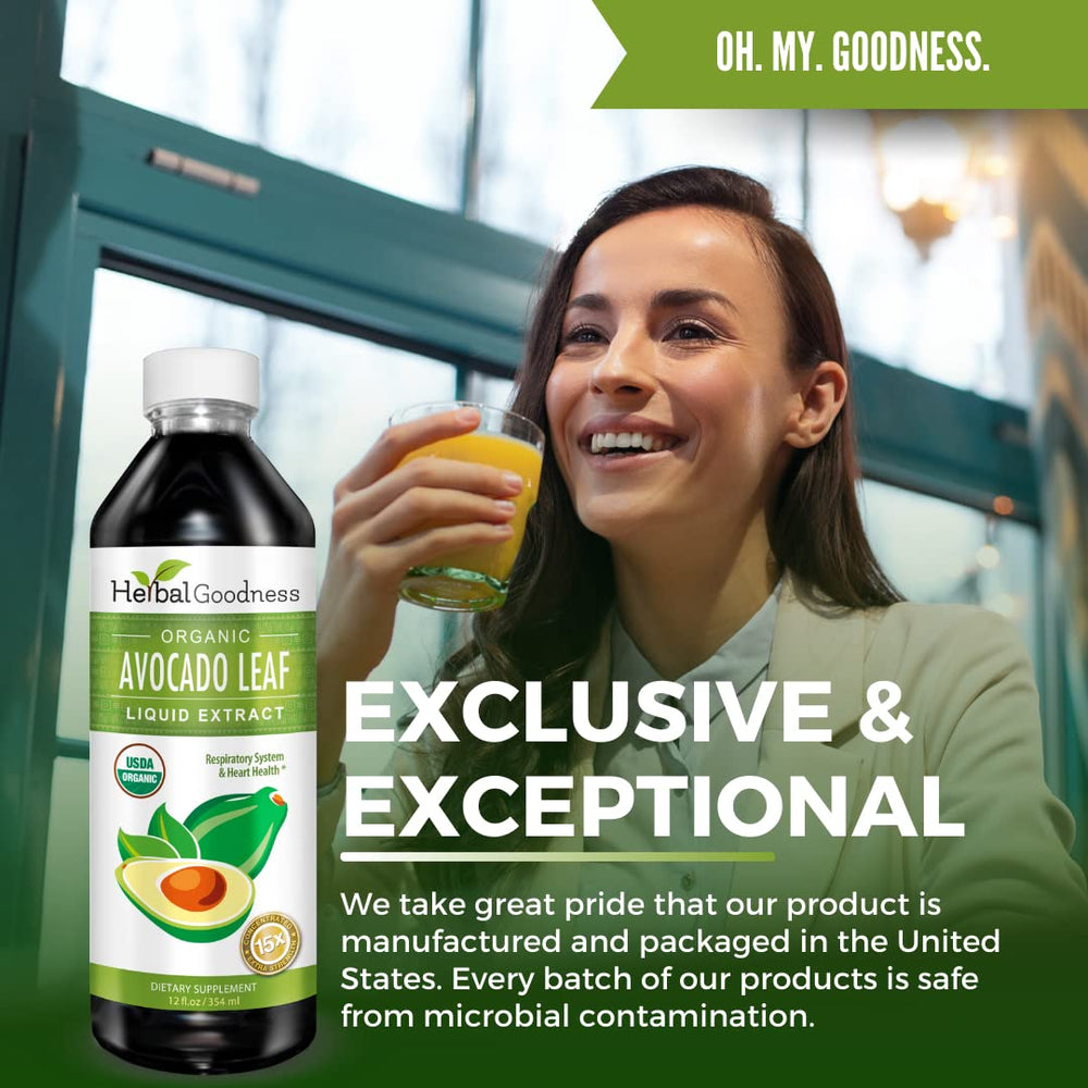 Herbal Goodness avocado leaf scene communicates a natural wellness product.