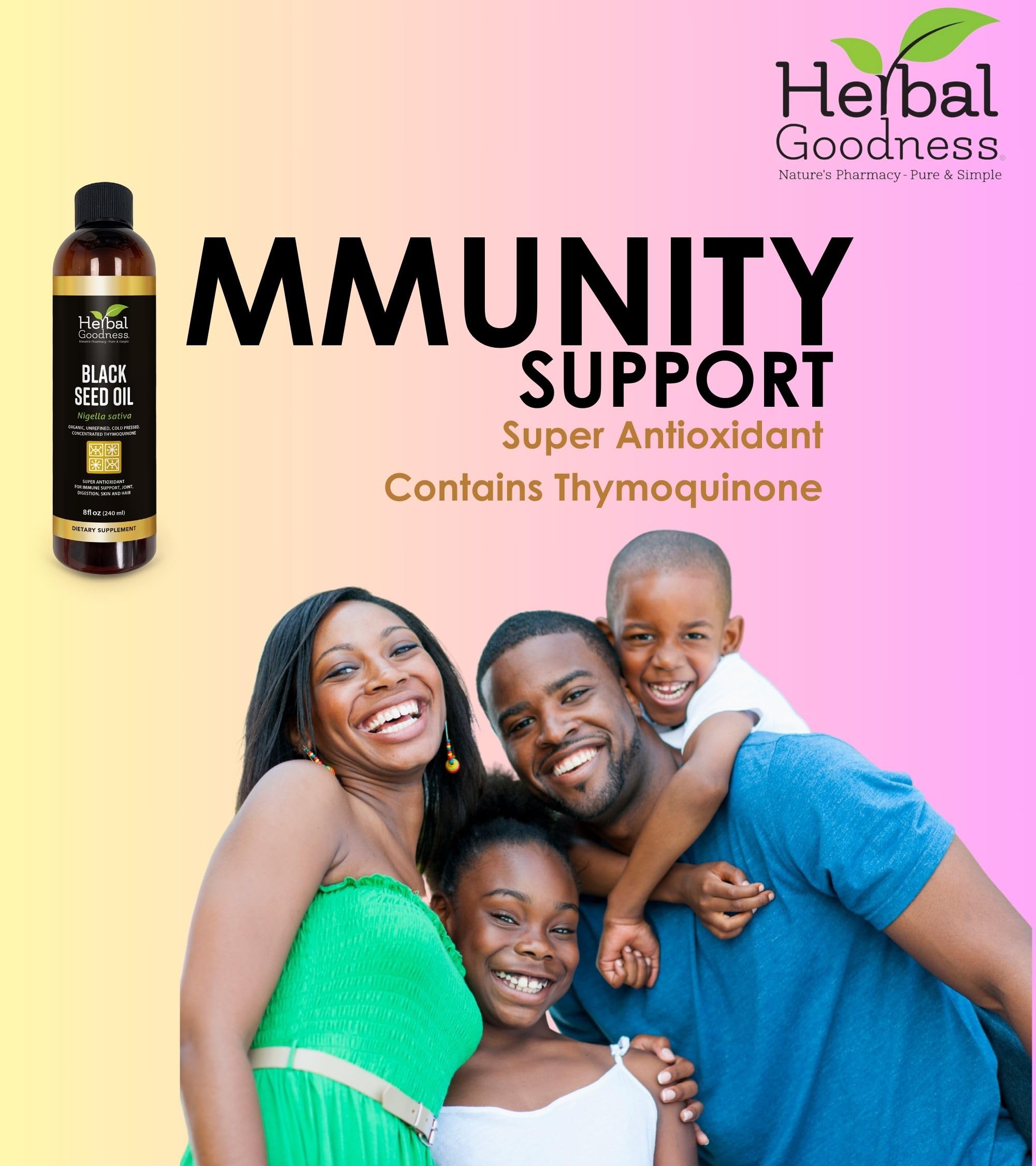 Herbal Goodness Black Seed Oil label highlights organic standards and thymoquinone-rich profile