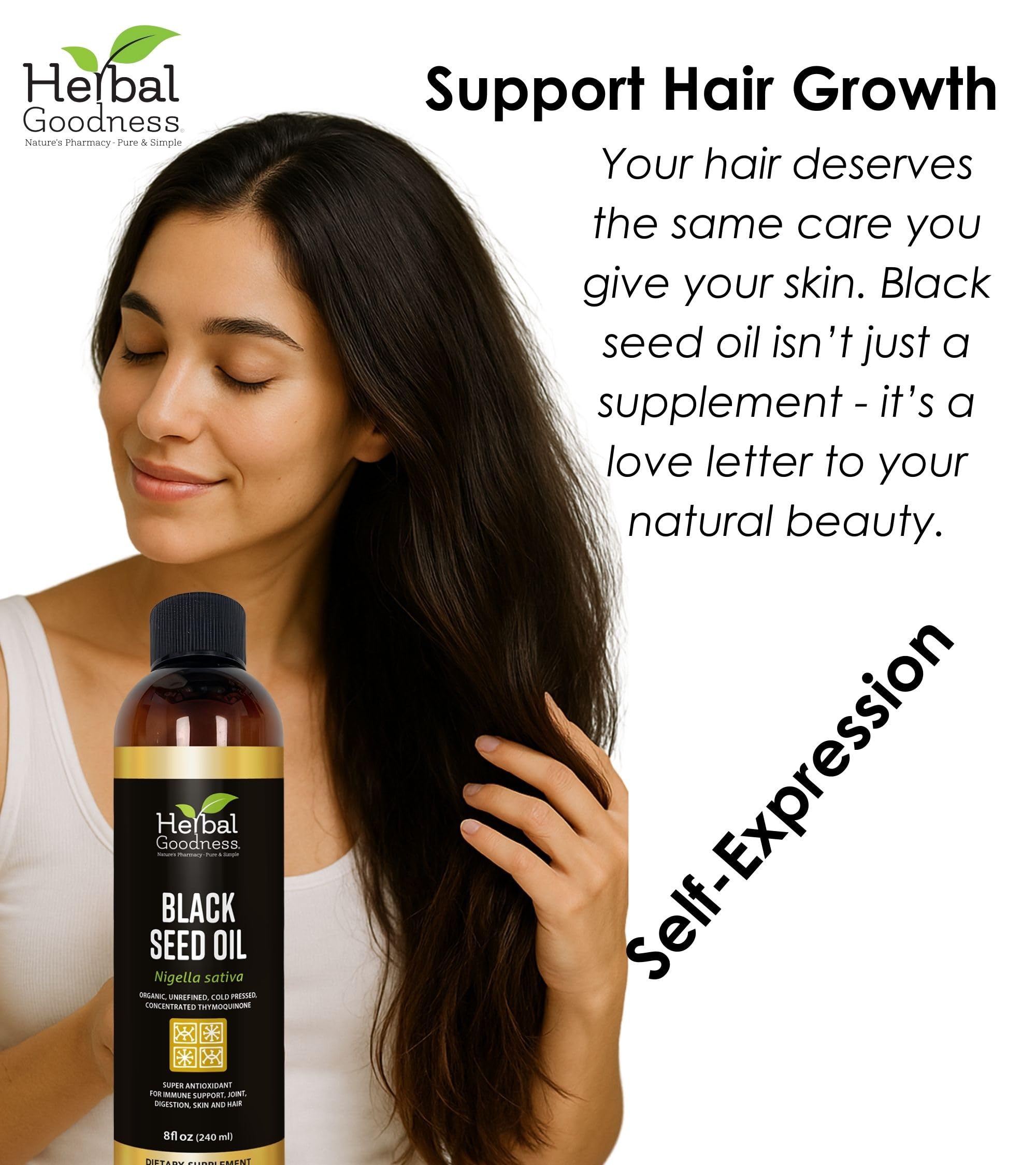 Herbal Goodness Black Seed Oil pour demonstrates smooth texture for topical use