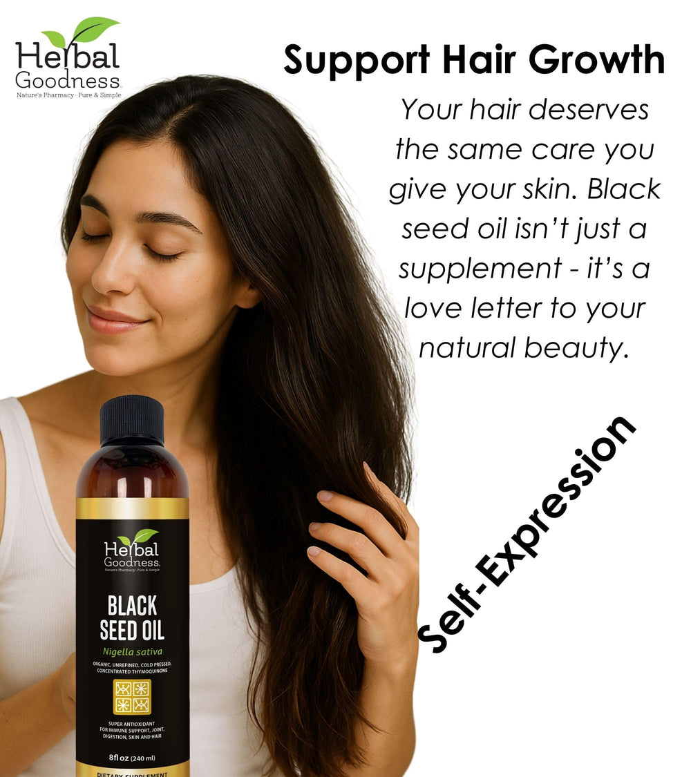 Herbal Goodness Black Seed Oil pour demonstrates smooth texture for topical use