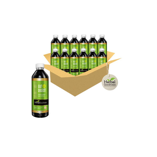 Herbal Goodness Gut Digest bottle back highlights ingredients and enzyme support.