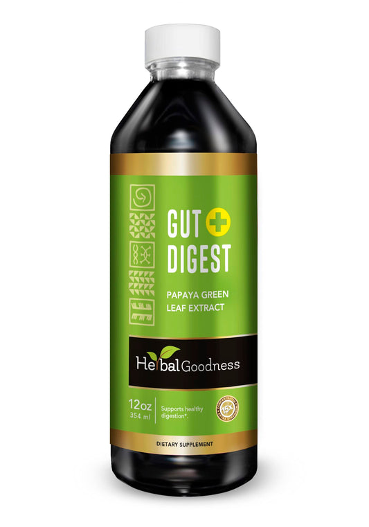 Herbal Goodness Gut Digest bottle front shows probiotic blend for gut support.