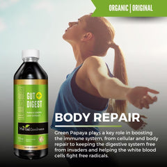 Herbal Goodness Gut Digest label closeup reveals papaya enzyme synergy for digestion.