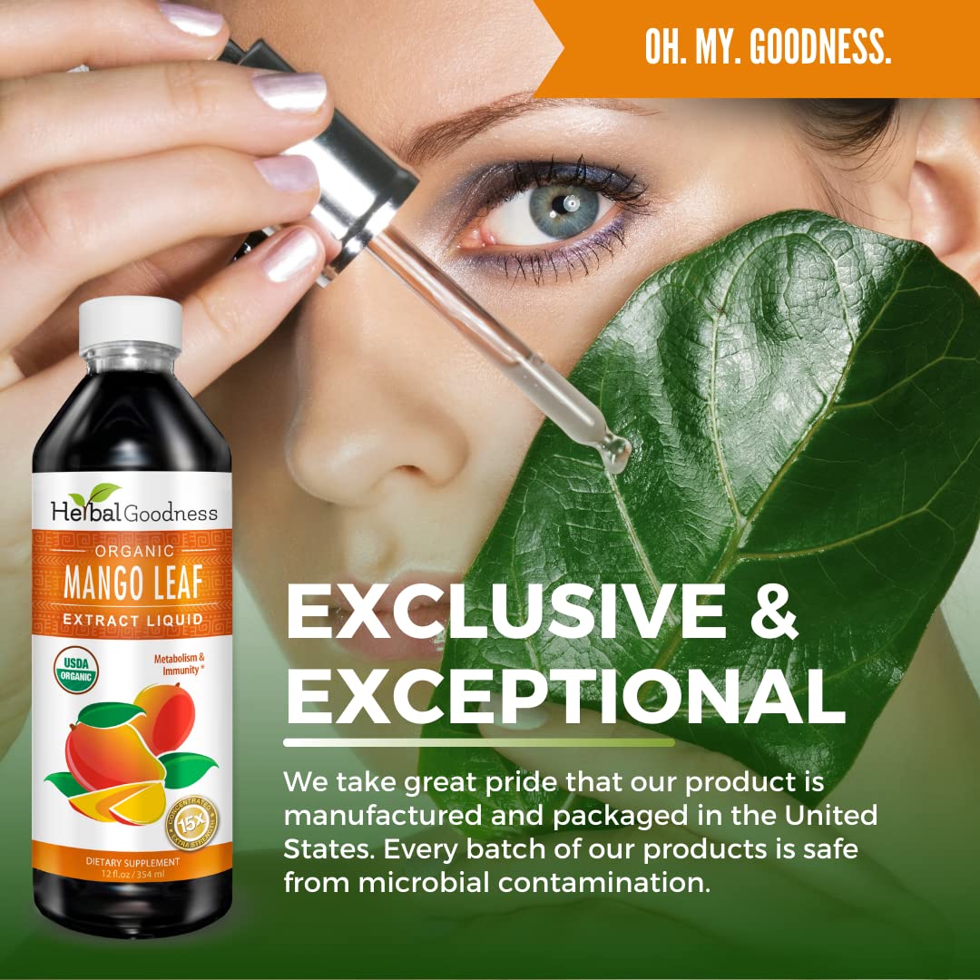 Herbal Goodness Mango Leaf Extract dropper releasing liquid for measured dosing