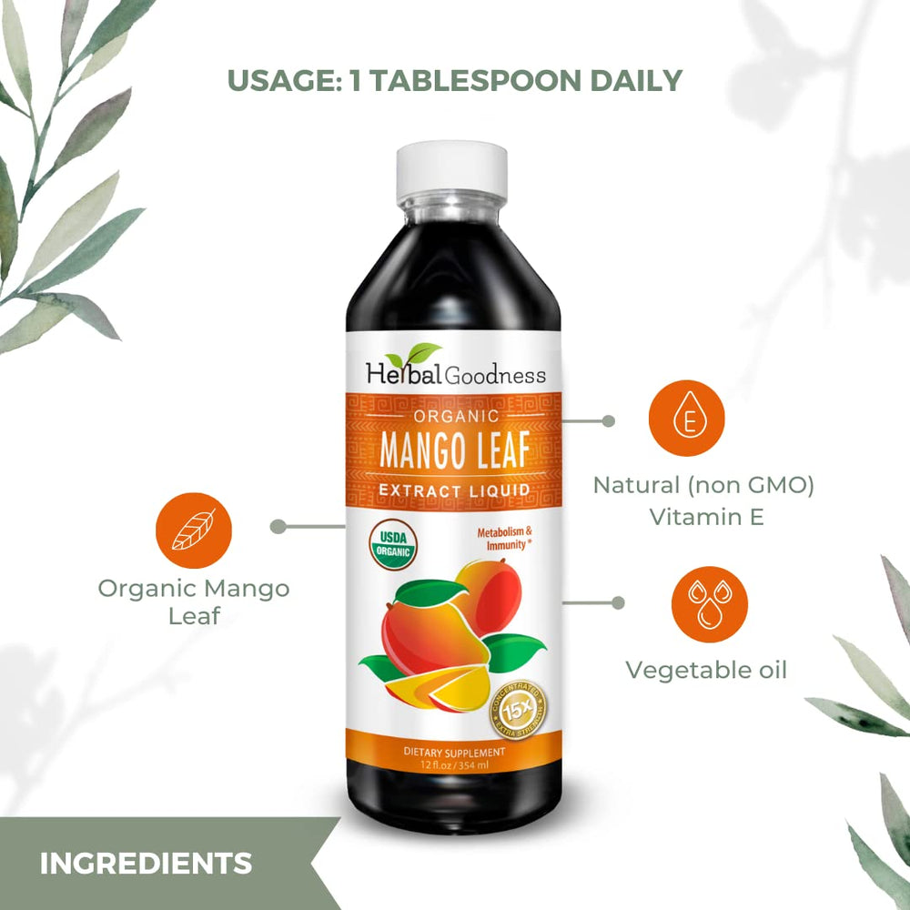 Herbal Goodness Mango Leaf Extract organic ingredients display conveys plant-based quality