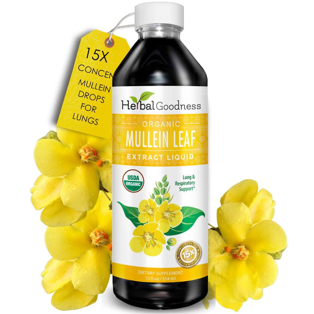 Herbal Goodness Mullein Drops bottle ready for daily lung support.