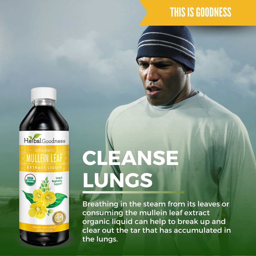 Front packaging view of Herbal Goodness Mullein Drops for lungs.