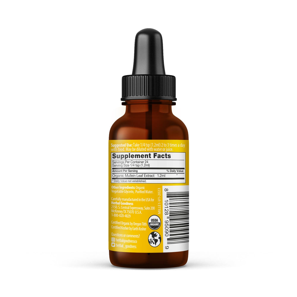 Herbal Goodness Mullein Leaf Extract label closeup highlights purity for lungs.