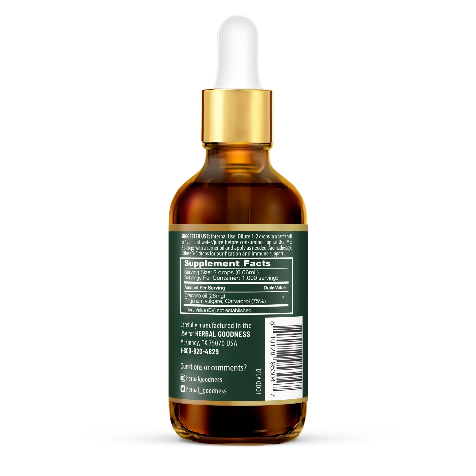 Close-up of Herbal Goodness oregano oil dropper ready for versatile sublingual use.