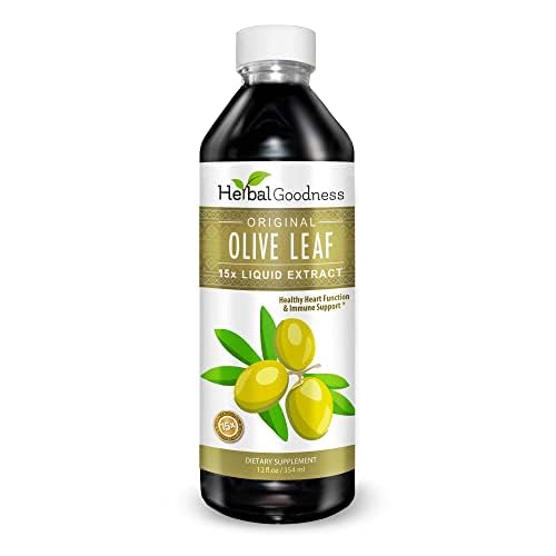 Herbal Goodness Olive Leaf Extract Liquid bottle front showcasing polyphenols for skin health and antioxidant support.