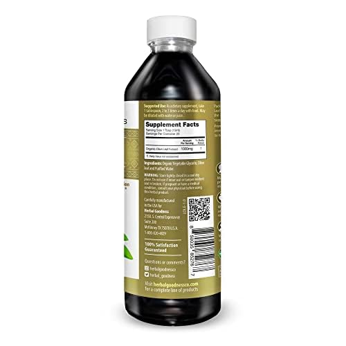 Herbal Goodness Olive Leaf Extract Liquid label zoom highlighting natural ingredients and polyphenol-rich profile.