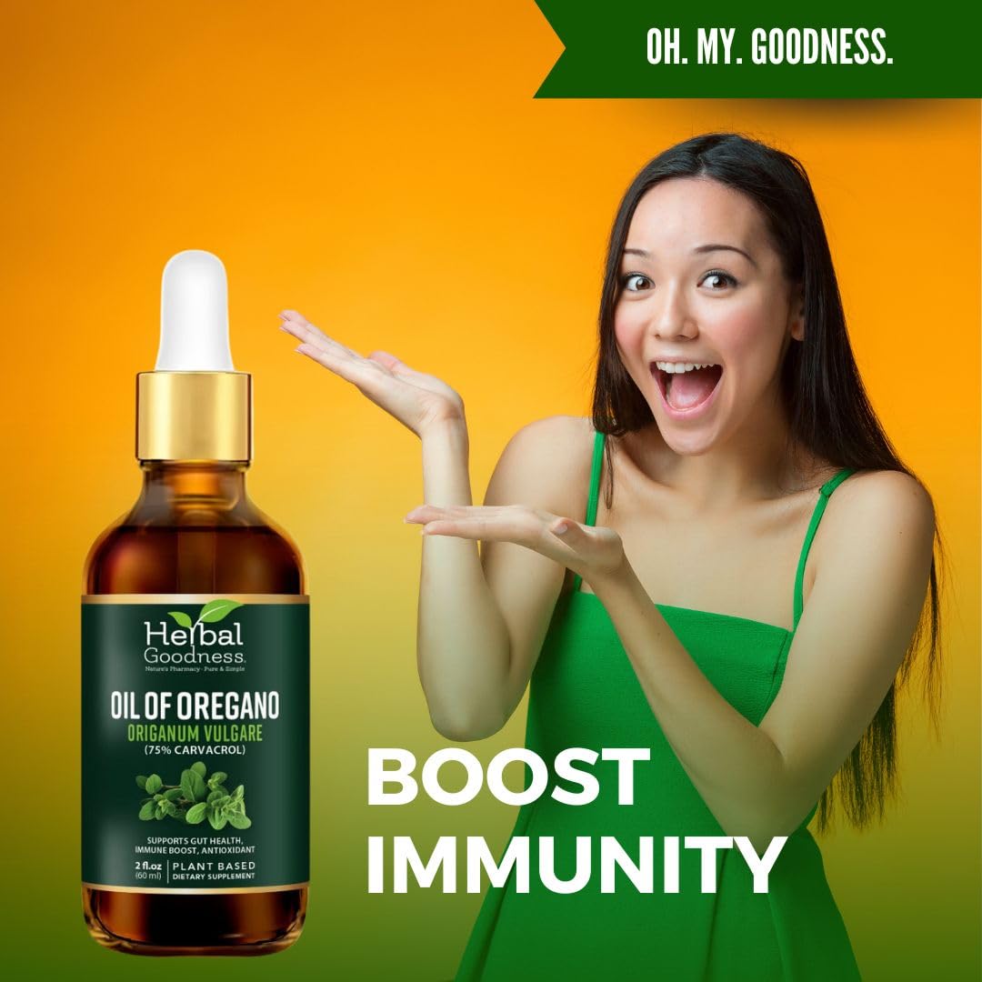Fresh oregano leaves and Herbal Goodness oil suggesting natural wellness routines.