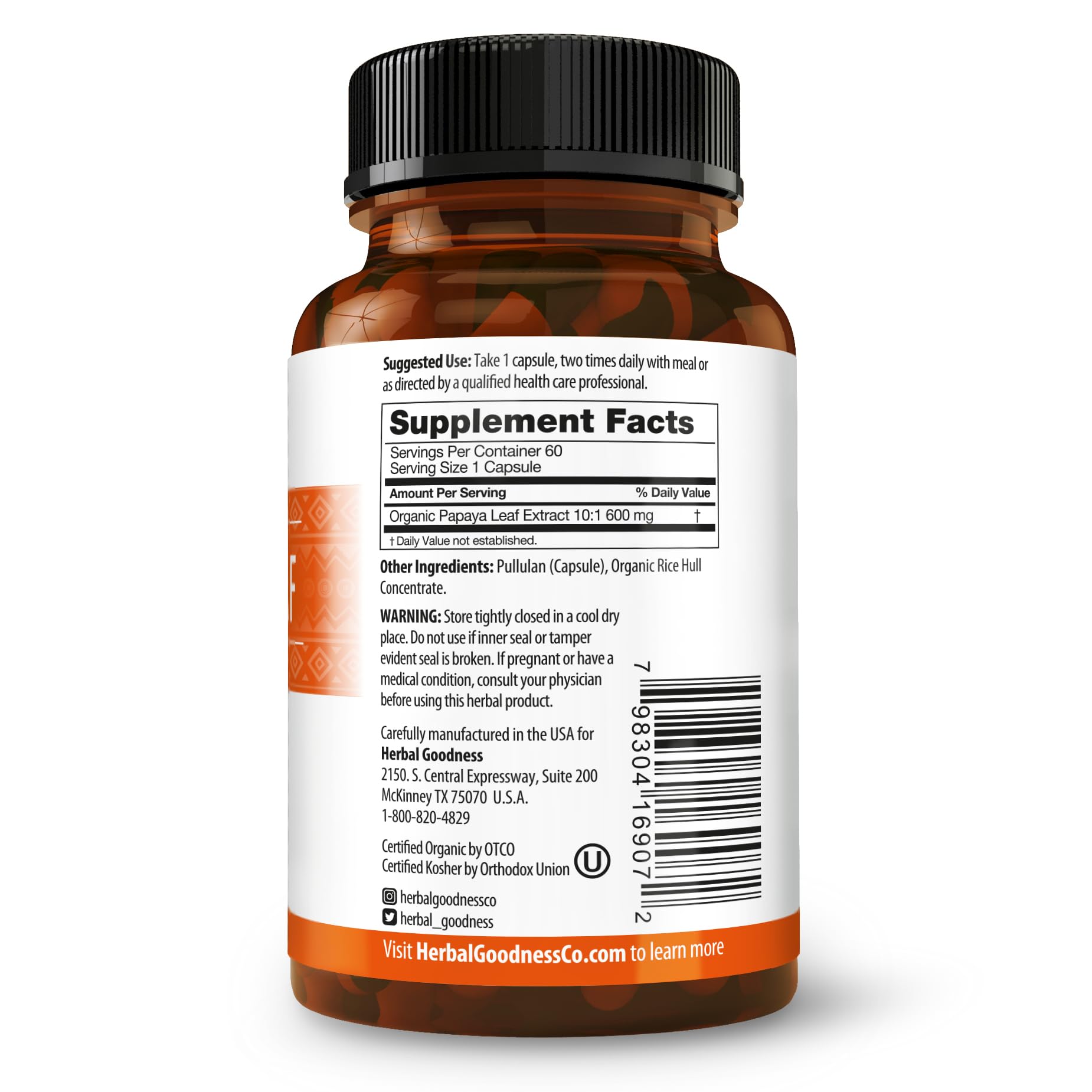 Herbal Goodness Organic ingredients label emphasizes purity and no fillers.