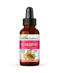Herbal Goodness Papaya Leaf Blood Support bottle shows vegan and gluten-free formula for everyday wellness