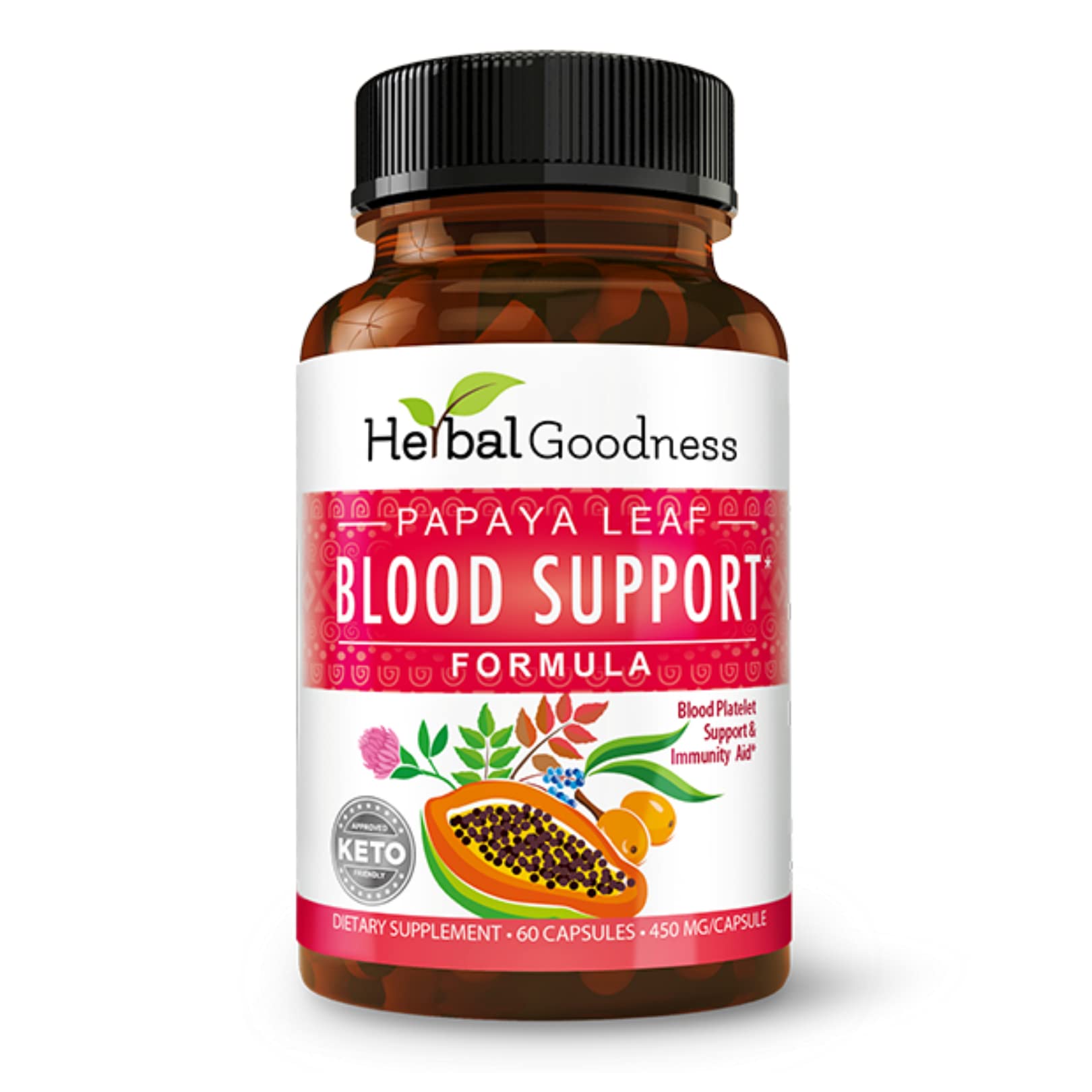 Herbal Goodness papaya leaf blood support capsules in bottle for everyday immune balance.