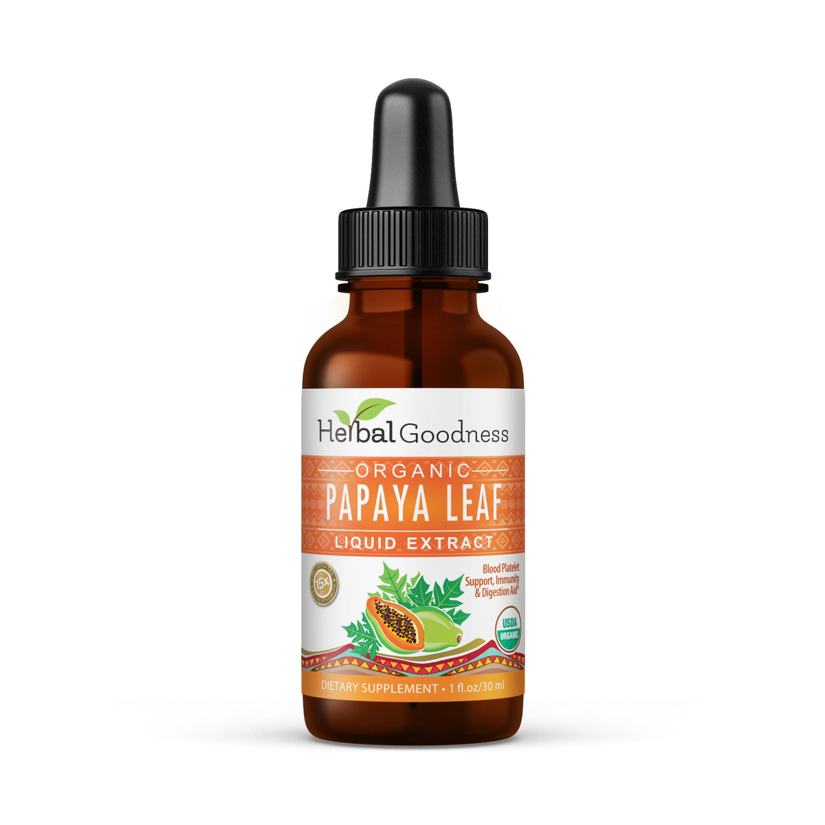 Herbal Goodness Papaya Leaf Extract bottle front shows organic, potent 15X concentration for daily wellness