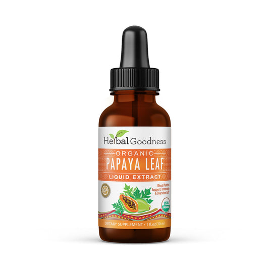Herbal Goodness Papaya Leaf Extract bottle front shows organic, potent 15X concentration for daily wellness
