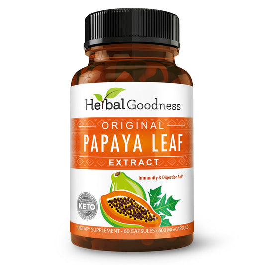 Herbal Goodness Papaya Leaf Extract bottle highlights potent 10:1 strength for immunity.