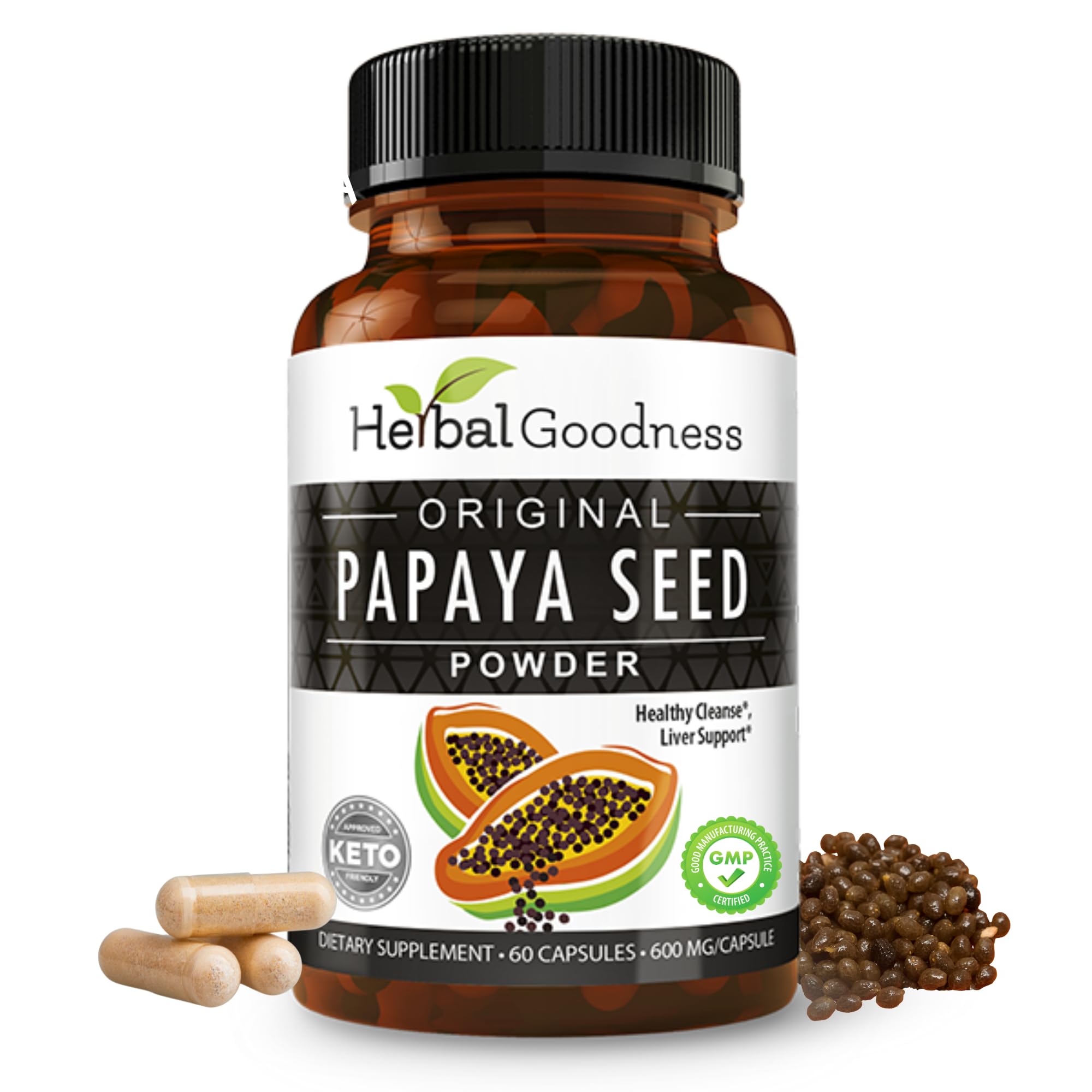 Herbal Goodness Papaya Seeds Powder bottle for daily digestive support.